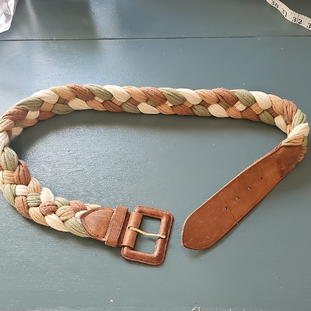 Braided Multicolor Belt for‎ Women. Leather, Cotton. Size Meduim Earthy Tones.